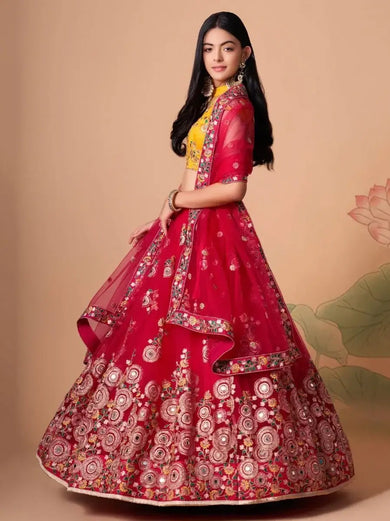 Vibrant Pink embroidered Net Designer Lehenga choli